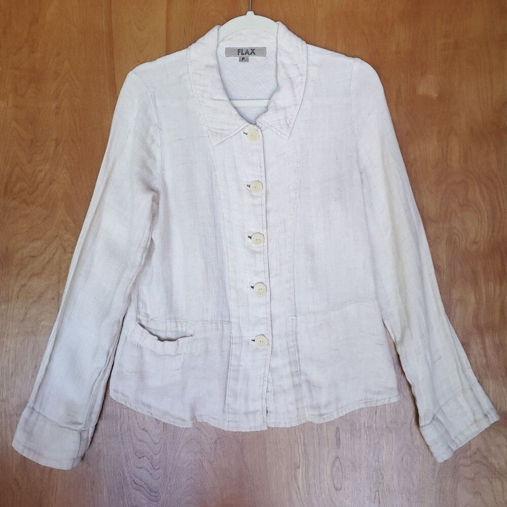 Flax 100% Linen Button Front Jacket Womens P (4-6) Beige Pockets Minimalist